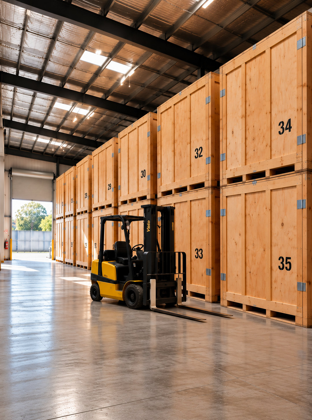 Wooden storage crates inside a secure warehouse with a forklift for furniture storage in Newcastle