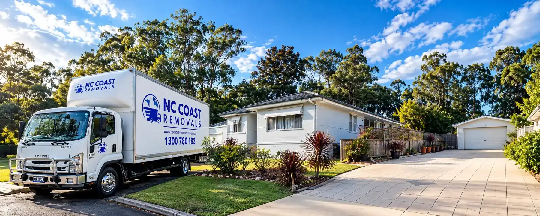 NC Coast Removals moving truck outside a residential property in Newcastle NSW